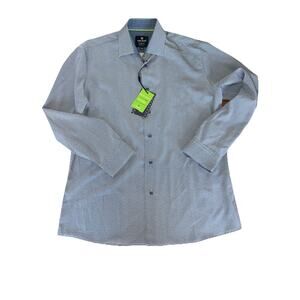 Tom Baine Mens Size L (16-16.5) Tech Blue Geometric Performance Dress Shirt
